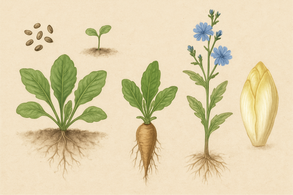 Illustration du cycle complet de l'endive, de la graine au chicon